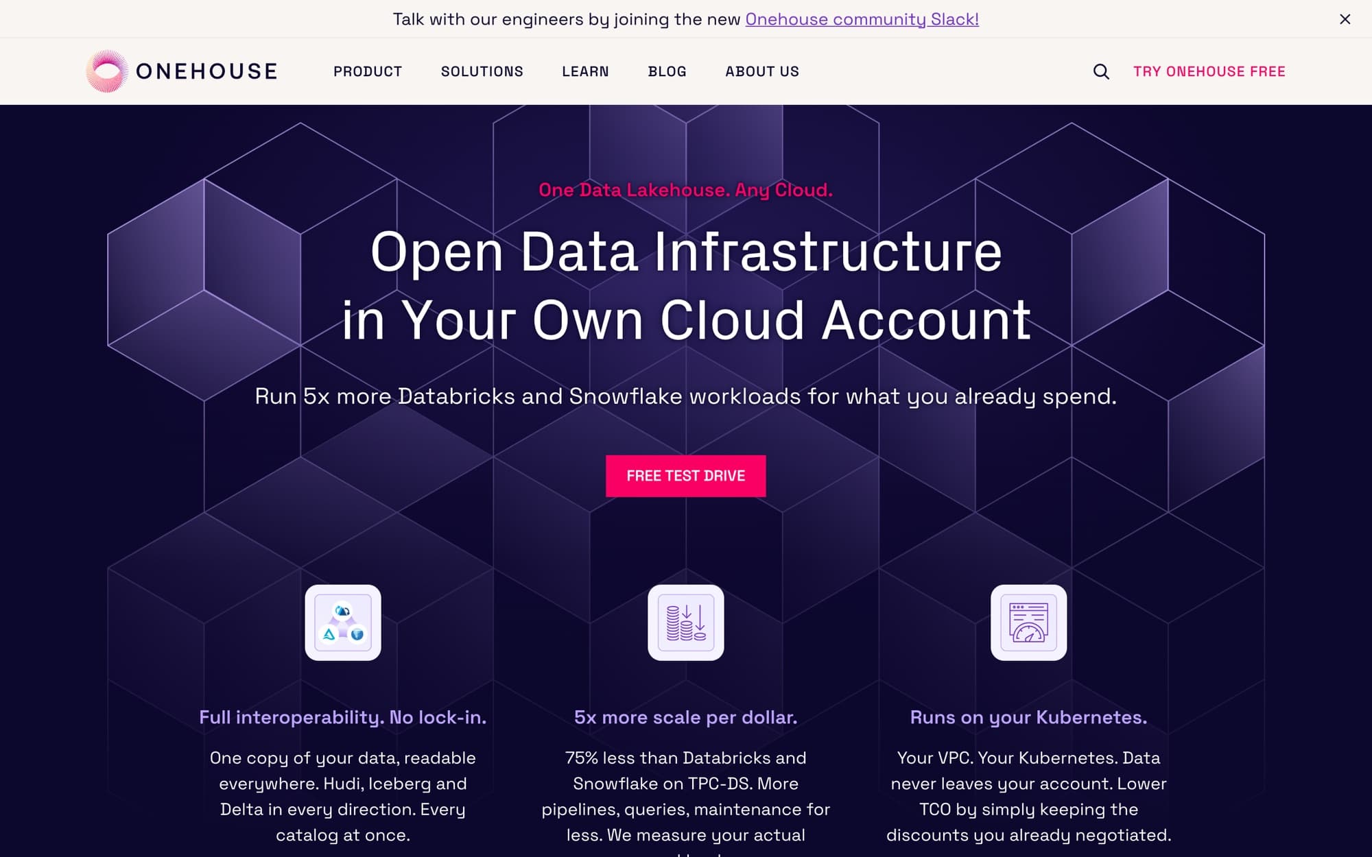 Onehouse website, home page
